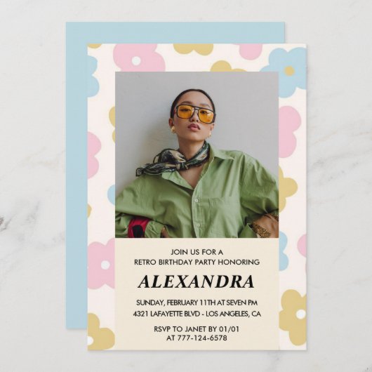 40歳の誕生日の招待レトロGroovy花かわいい 招待状 (正面/裏面)