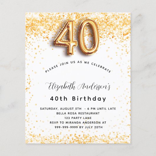 40歳の誕生日の白い金ゴールド予算の招待 チラシ (正面)