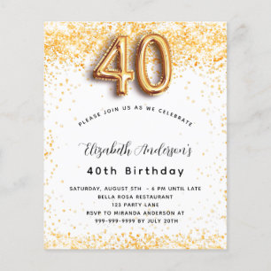 40歳の誕生日の白い金ゴールド予算の招待 チラシ