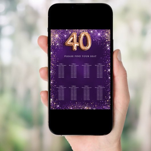 40歳の誕生日の紫のグリッターの座席表 ポスター