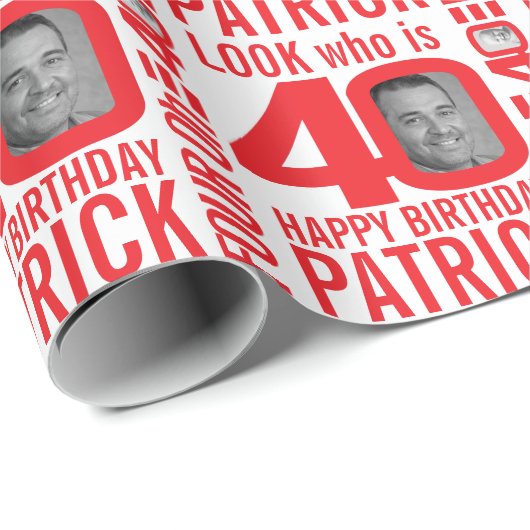 40歳の誕生日の赤の白のルック40カスタムの写真名 ラッピングペーパー (ロールコーナー)