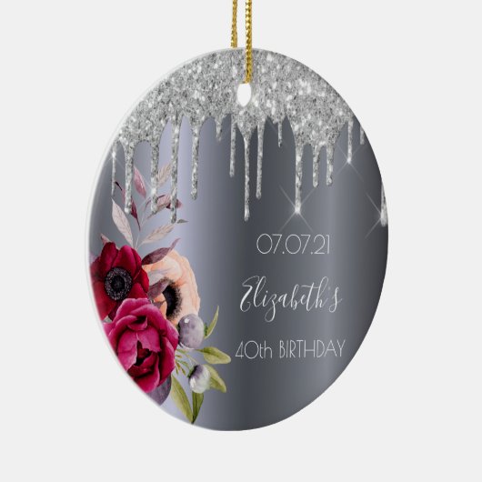 40歳の誕生日の銀のグリッターはフローラバーガンディを乾燥 セラミックオーナメント (右)