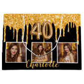 40歳の誕生日の黒い金ゴールドドリップス写真 ラージペーパーバッグ (正面)