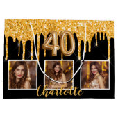 40歳の誕生日の黒い金ゴールドドリップス写真 ラージペーパーバッグ (裏面)