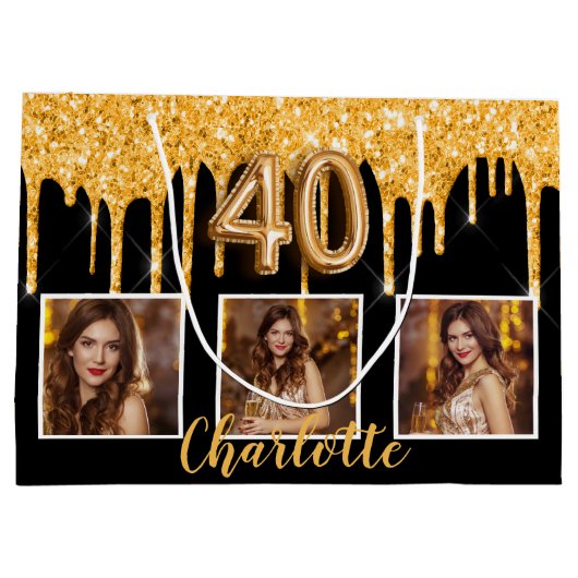 40歳の誕生日の黒い金ゴールドドリップス写真 ラージペーパーバッグ (裏面)