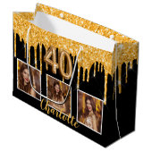 40歳の誕生日の黒い金ゴールドドリップス写真 ラージペーパーバッグ (正面アングル)