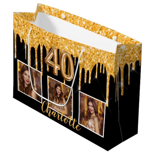 40歳の誕生日の黒い金ゴールドドリップス写真 ラージペーパーバッグ (正面アングル)