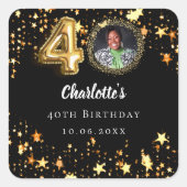 40歳の誕生日の黒い金ゴールド星写真 スクエアシール (正面)