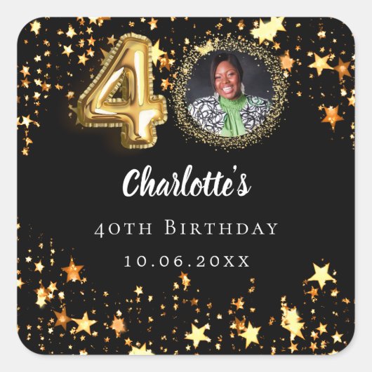 40歳の誕生日の黒い金ゴールド星写真 スクエアシール (正面)