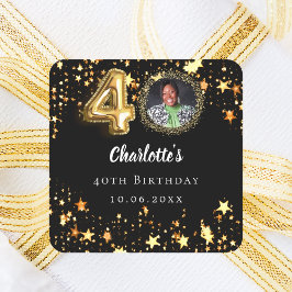 40歳の誕生日の黒い金ゴールド星写真 スクエアシール