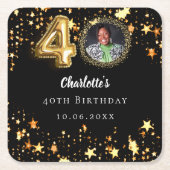 40歳の誕生日の黒い金ゴールド星写真 スクエアペーパーコースター (正面)