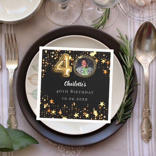 40歳の誕生日の黒い金ゴールド星写真 スタンダードカクテルナプキン