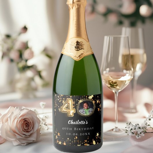 40歳の誕生日の黒い金ゴールド星写真 スパークリングワインラベル