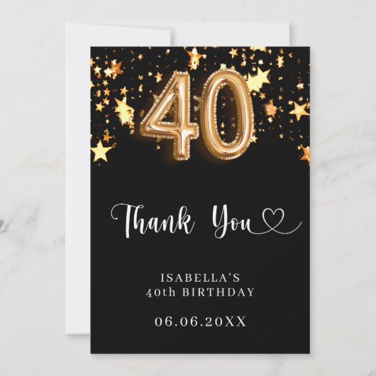 40歳の誕生日の黒い金ゴールド サンキューカード (正面)