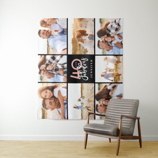 40歳の誕生日の黒モダンとピンクの写真のコラージュ タペストリー (インサイチュ)