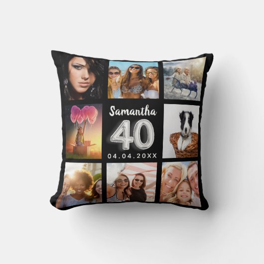 40歳の誕生日の黒銀写真コラージュ クッション (正面)