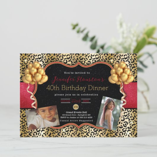 40歳の誕生日または任意の年齢のLeopard写真の招待 カード (スタンド正面)