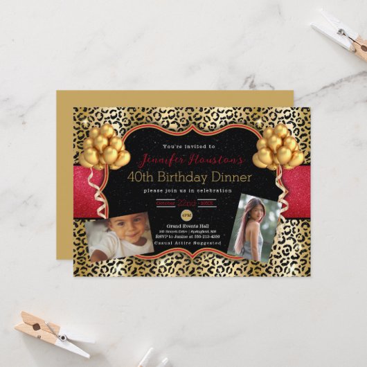 40歳の誕生日または任意の年齢のLeopard写真の招待 カード (正面/裏面インサイチュ)