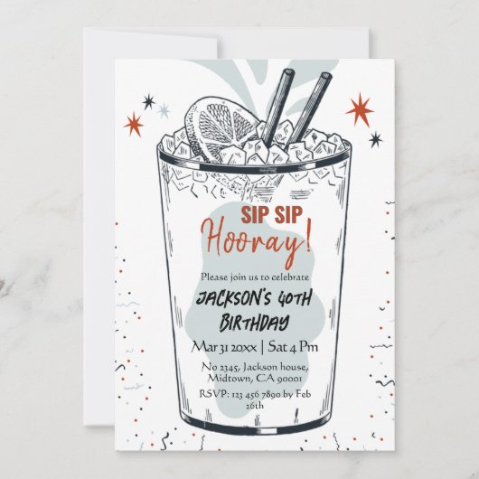 40歳の誕生日をテーマスタイリッシュにしたカクテル・レトロ・ドリンク 招待状 (正面)