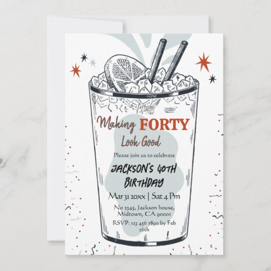 40歳の誕生日をテーマスタイリッシュにしたカクテル・レトロ・ドリンク 招待状 (正面)