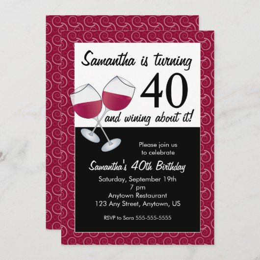 40歳の誕生日をワインと共に、赤ワインの誕生日パーティー 招待状 (正面/裏面)