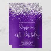 40歳の誕生日を祝うスパークリーなシルバーグリッターとパープルサテン 招待状 (正面/裏面)