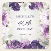 40歳の誕生日を祝うパープル+ホワイトの花柄デザイン スクエアペーパーコースター (正面)