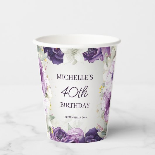 40歳の誕生日を祝うパープル+ホワイトの花柄デザイン 紙コップ (正面)