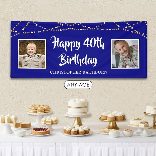 40歳の誕生日を祝うロイヤルブルーの紐ライトと名前入り 横断幕