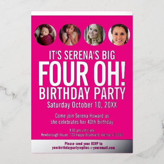 40歳の誕生日を表すピンクの金ゴールドフォイルの写真の円 箔招待状 (正面)