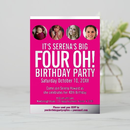 40歳の誕生日を表すピンクの金ゴールドフォイルの写真の円 箔招待状 (立ち正面)