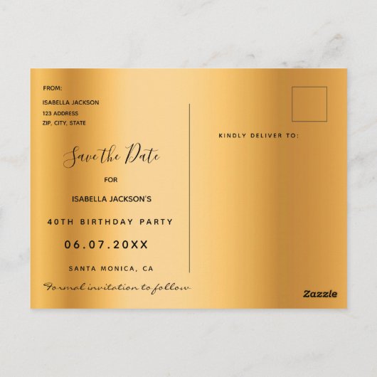40歳の誕生日を記念するゴールドグリッターの詳細を保存する日付 ポストカード (裏面)