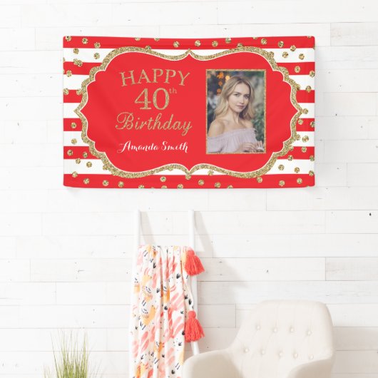 40歳の誕生日を迎えるバナーレッド金ゴールドグリッター写真 横断幕 (インサイチュ)