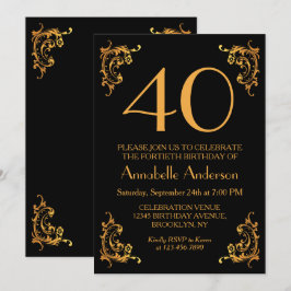 40歳の誕生日を飾るモダンなゴールド ブラック ヴィンテージ レトロ 招待状