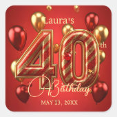 40歳の誕生日を飾る dazzling ruby red とゴールドのバルーン スクエアシール (正面)
