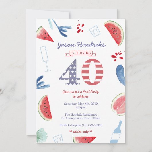 40歳の誕生日アダルトオンリープールパーティークックアウト 招待状 (正面)