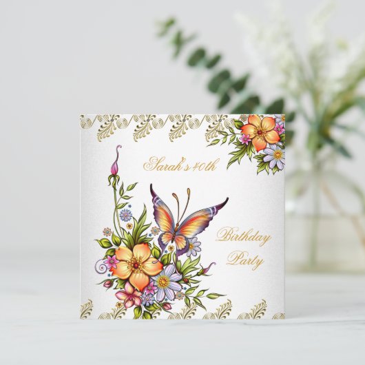 40歳の誕生日エレガント白ピンク黄色の花 招待状 (スタンド正面)