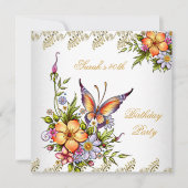 40歳の誕生日エレガント白ピンク黄色の花 招待状 (正面)