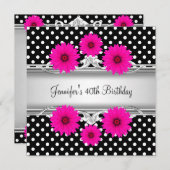 40歳の誕生日エレガント白黒スポットピンクフローラ 招待状 (正面/裏面)