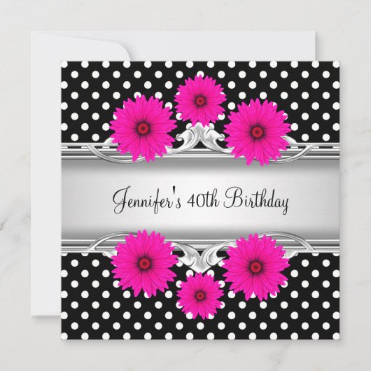 40歳の誕生日エレガント白黒スポットピンクフローラ 招待状 (正面)