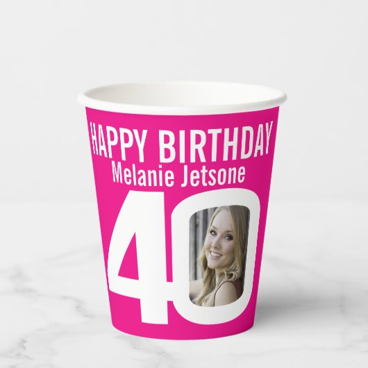 40歳の誕生日カスタムの2枚のフォトピンク白 紙コップ (正面)