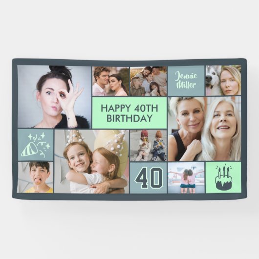 40歳の誕生日カスタムフォトコラージュダスティグリーン 横断幕 (横)