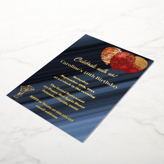 40歳の誕生日グリッター赤いバルーン 箔招待状 (回転した状態)