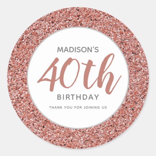 40歳の誕生日サンキューピンクグリッター パーソナライズされた ラウンドシール (正面)