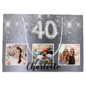 40歳の誕生日シルバーグリッターフォトモノグラム ラージペーパーバッグ (裏面)