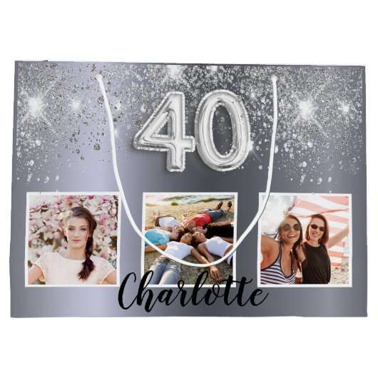 40歳の誕生日シルバーグリッターフォトモノグラム ラージペーパーバッグ (裏面)