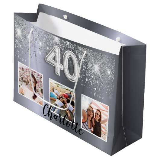 40歳の誕生日シルバーグリッターフォトモノグラム ラージペーパーバッグ (正面アングル)
