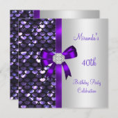 40歳の誕生日シルバーシークインパープルダイヤモンドボウ 招待状 (正面/裏面)