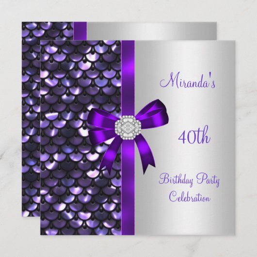 40歳の誕生日シルバーシークインパープルダイヤモンドボウ 招待状 (正面/裏面)
