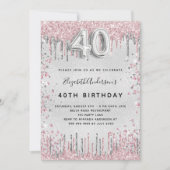 40歳の誕生日シルバーピンクの金属グリッターダスト 招待状 (正面)